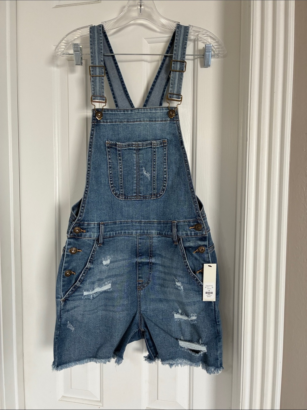 Francesca's Collections Distressed Denim Short Overalls - Blue